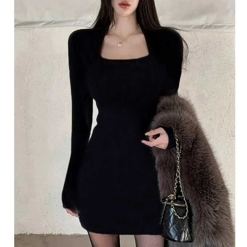 黑色方领包臀连衣裙修身显瘦连衣裙秋季短裙针织包臀黑色连衣裙