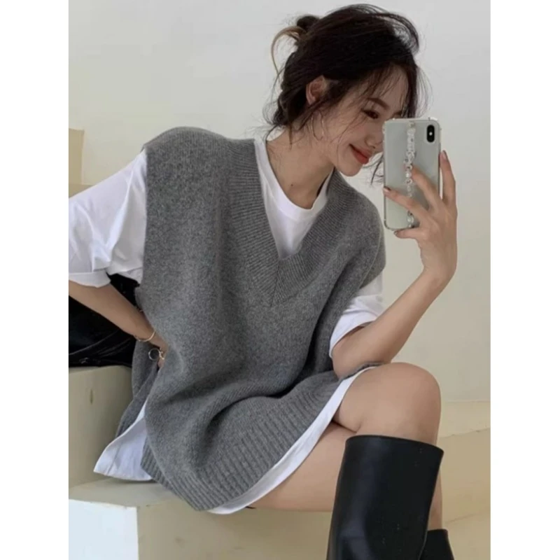 中长款V领针织马甲女春秋坎肩叠穿宽松慵懒显瘦背心开叉休闲上衣