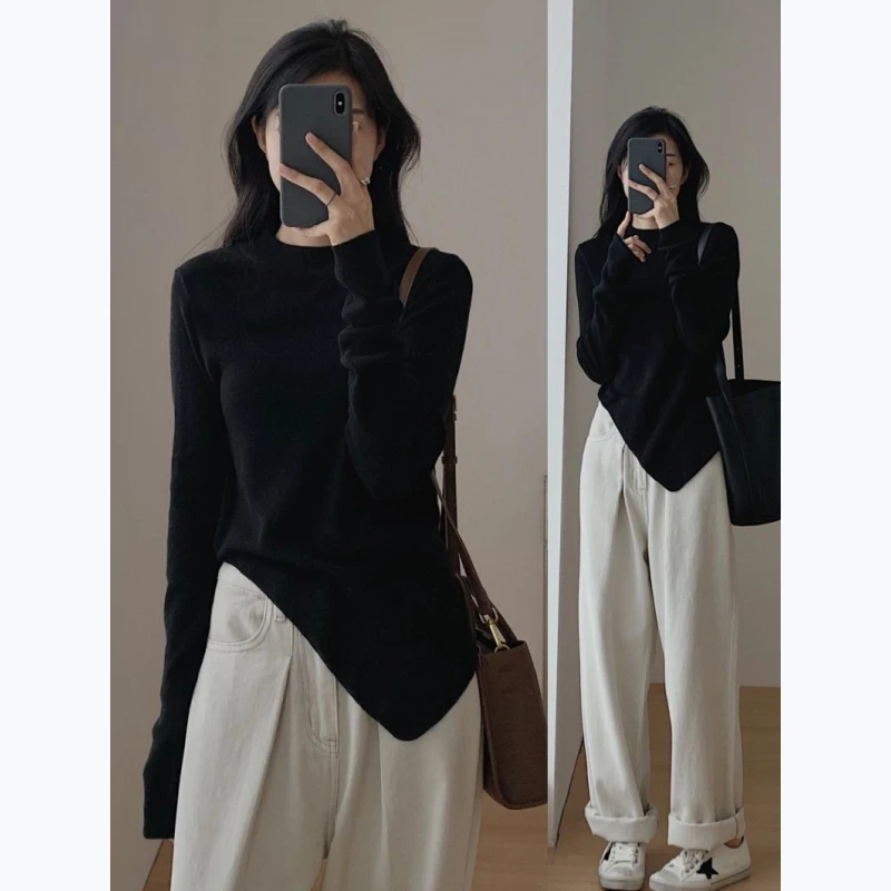 纯欲黑色不规则套头针织衫女秋季早秋内搭长袖打底衫修身显瘦上衣