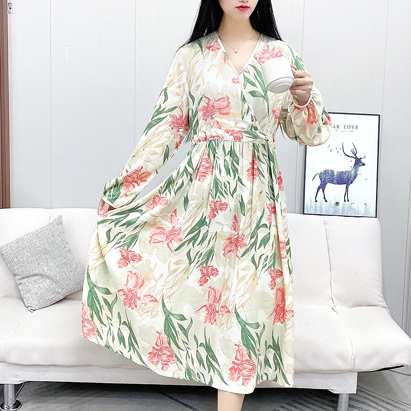 【长袖连衣裙】2025新款棉绸睡裙夏季印花长裙家居服碎花显瘦Y108