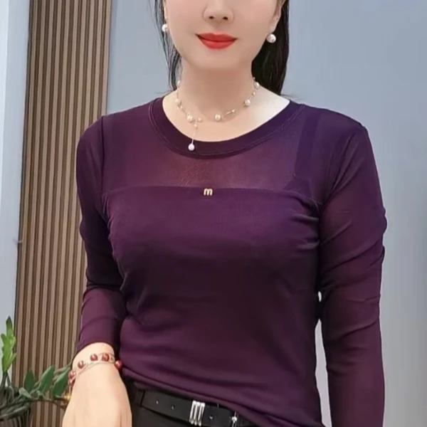 03-圆领m标长袖网纱衫