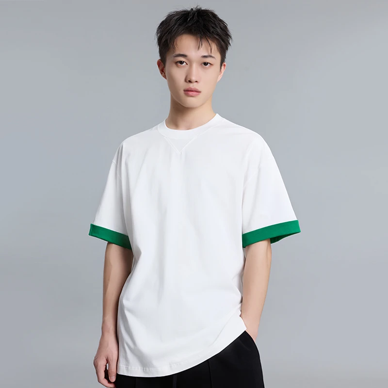 RUDDER/洛德尔260g纯棉男士百搭绿白拼色短袖夏季潮流T恤