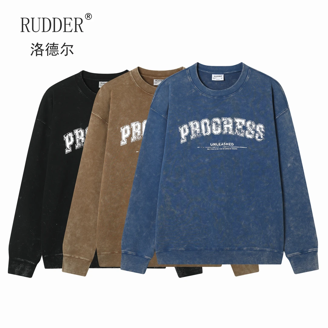 Rudder/洛德尔380G重磅炒雪花圆领卫衣美式做旧复古宽松字母印花