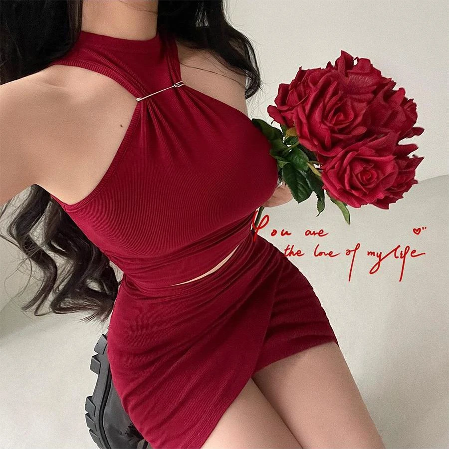 纯欲辣妹性感褶皱短款露脐无袖背心高腰包臀短裙套装