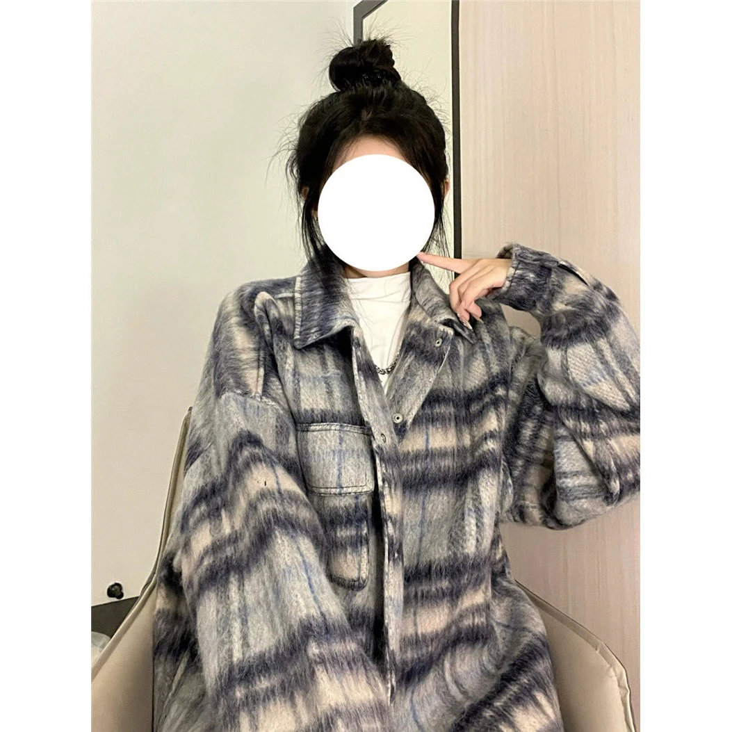 小香风外套女秋冬新款宽松vintage高级感显瘦小个子格子夹克衬衫