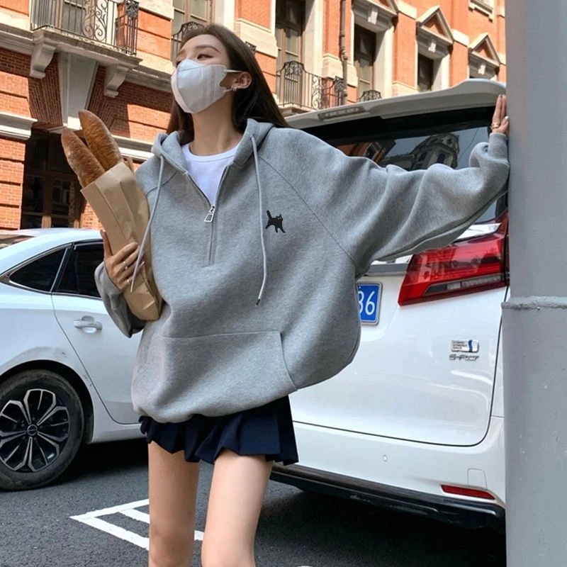 灰色半拉链刺绣连帽卫衣女oversize运动休闲宽松廓形帽衫加绒加厚