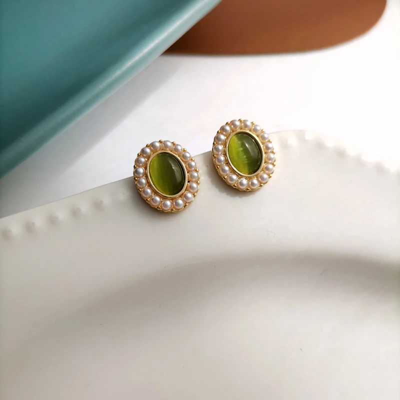 合金树脂耳饰 S925银针猫猫石耳钉绿色耳环简约复古耳饰1487(A10)