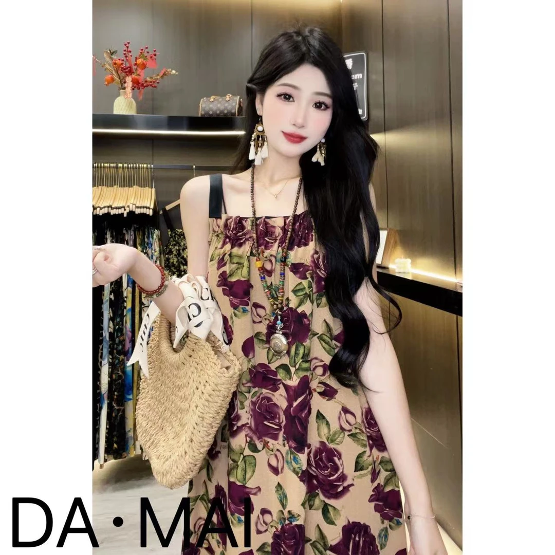 DA.MAI-8430#早秋2024女款轻奢宽松长裙印花缎料无袖气质时尚裙子