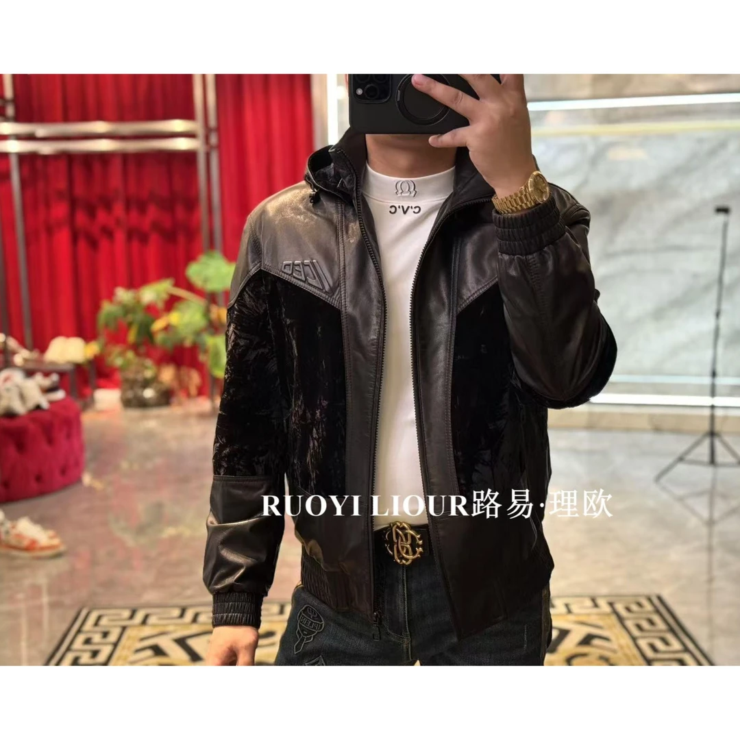 【路易理欧】欧货时尚秋潮百搭拼接设计款连帽山羊皮羽绒夹克10884