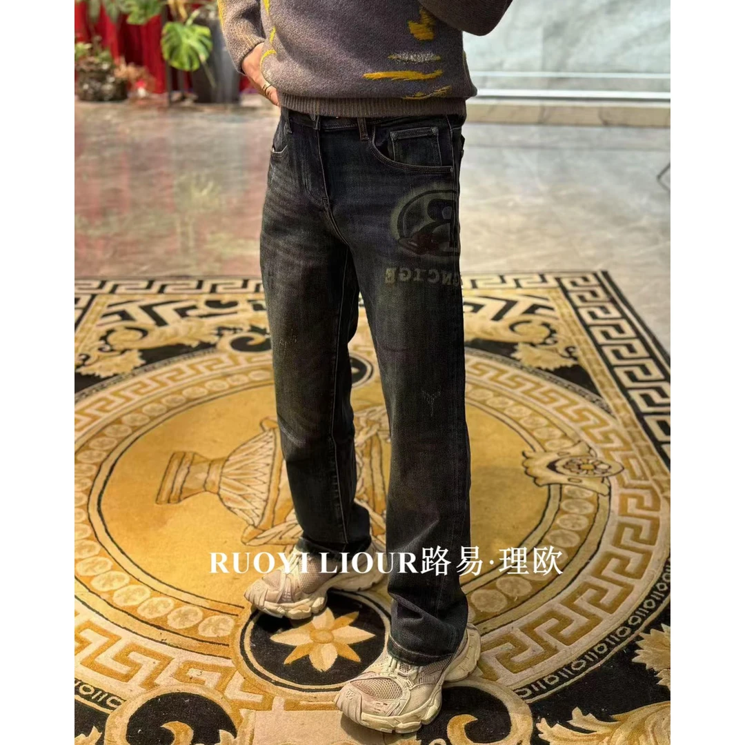 【路易理欧】2024欧货时尚潮流弹力字母街头秋冬保暖百搭牛仔裤8023