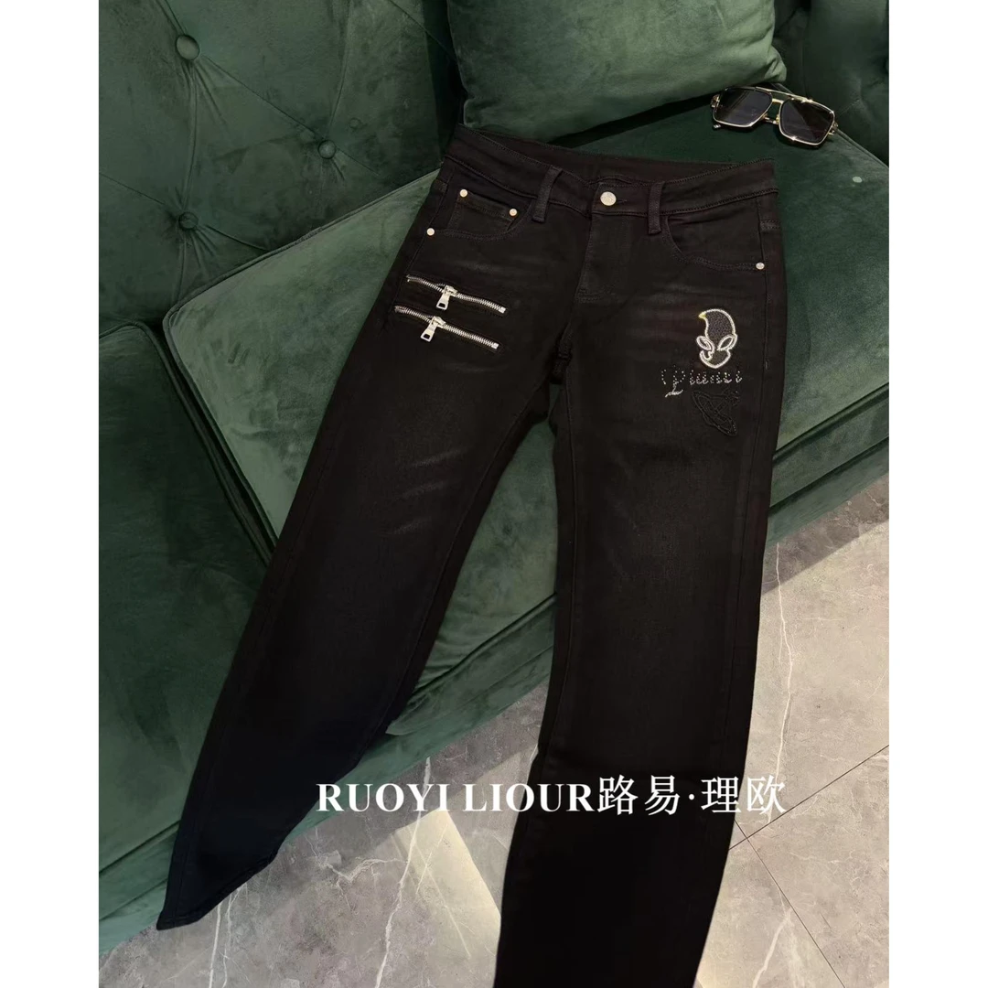 【路易理欧】欧货时尚潮流街头幽灵亮钻双拉链磨毛秋冬牛仔裤11042