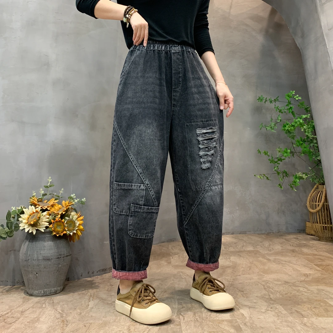 9903新款春季牛仔裤女休闲复古宽松水洗大码松紧文艺做旧牛仔裤
