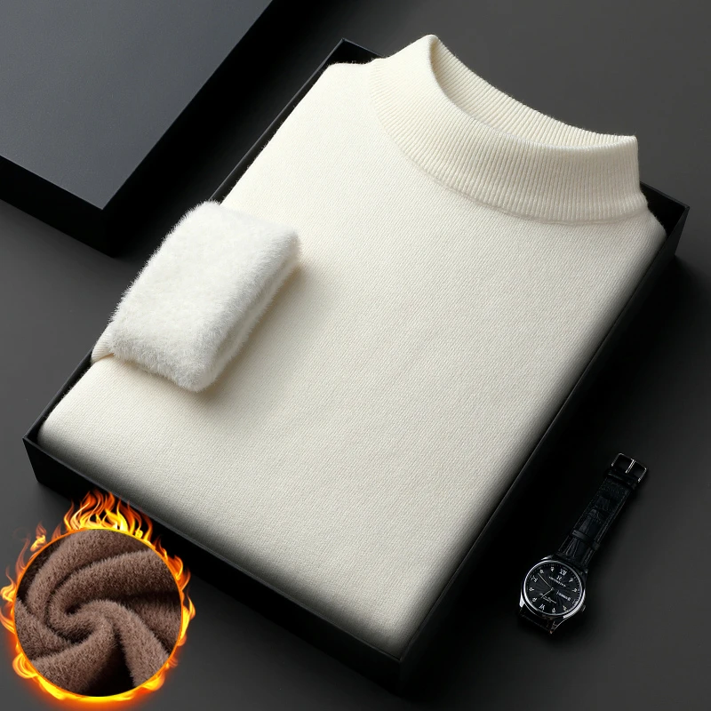 新款男士半高领针织圆领一体绒毛衣休闲百搭长袖打底保暖加厚加绒