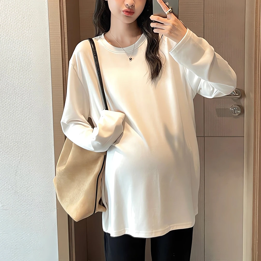 孕妈上衣秋装纯棉春秋款宽松外穿上衣秋冬季中长款内搭长袖打底衫