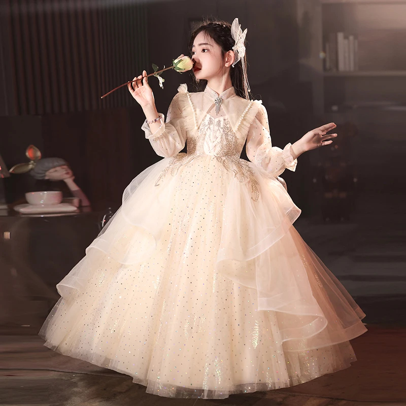 女童高级轻奢生日礼服裙长袖洋气时尚公主裙主持人钢琴表演演出服
