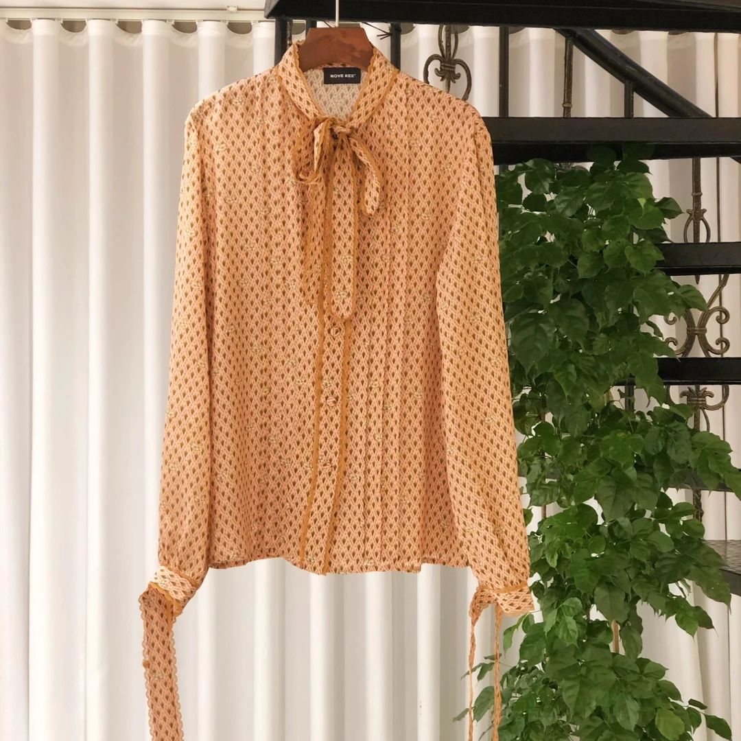 系带式衬衫长款真丝满印春夏时尚750