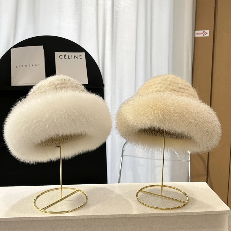 水貂毛毛绒女秋冬季加厚狐狸毛渔夫帽水貂皮草帽冬季时尚保暖盆帽