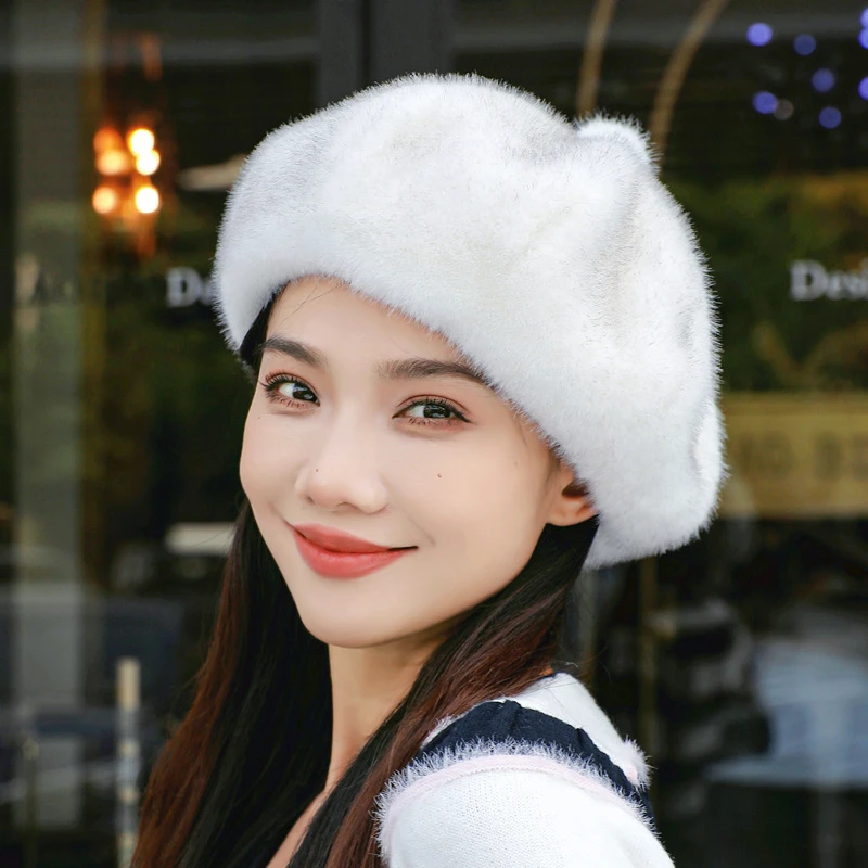 大头围黑色贝雷帽女冬季新款潮显脸小蓓蕾仿水貂毛帽子八角帽云朵