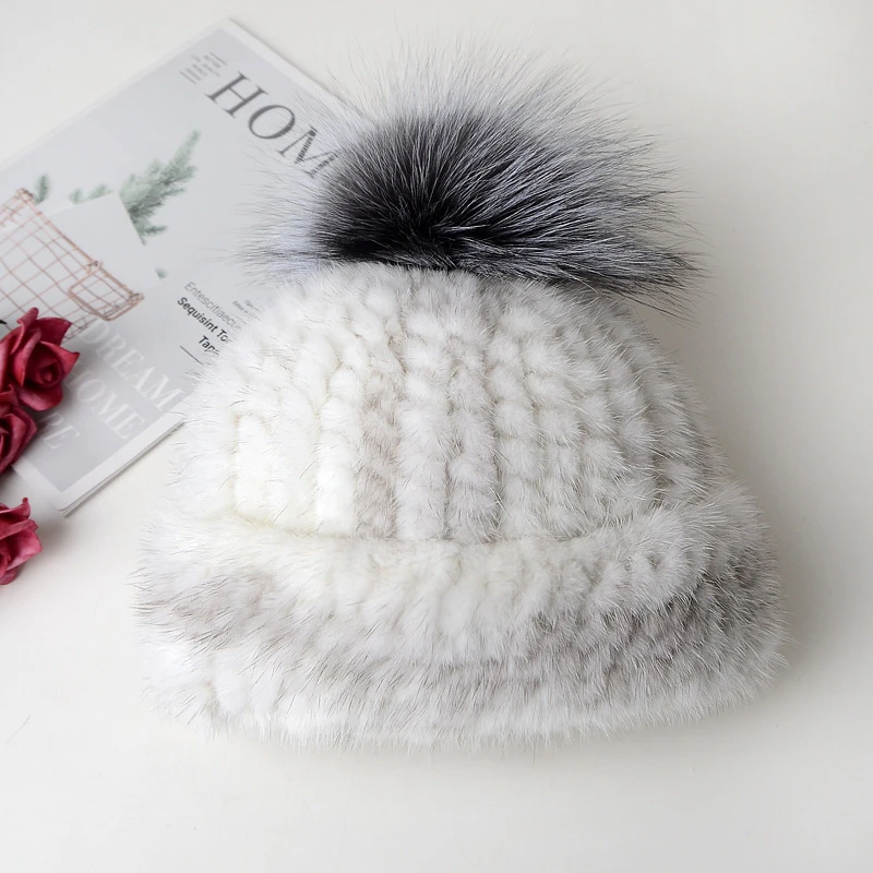 新款水貂毛皮草帽子女士冬季保暖加厚护耳狐狸球帽子貂皮编织帽子