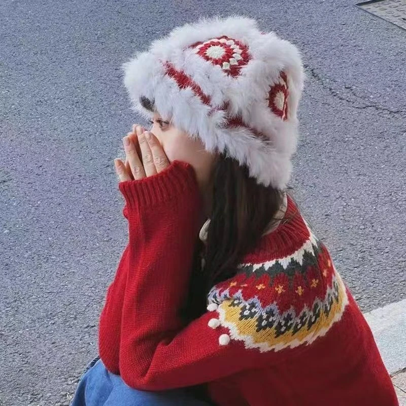 兔毛针织毛绒帽女秋冬季毛茸茸虎头醒狮渔夫帽可爱显脸小毛线帽子