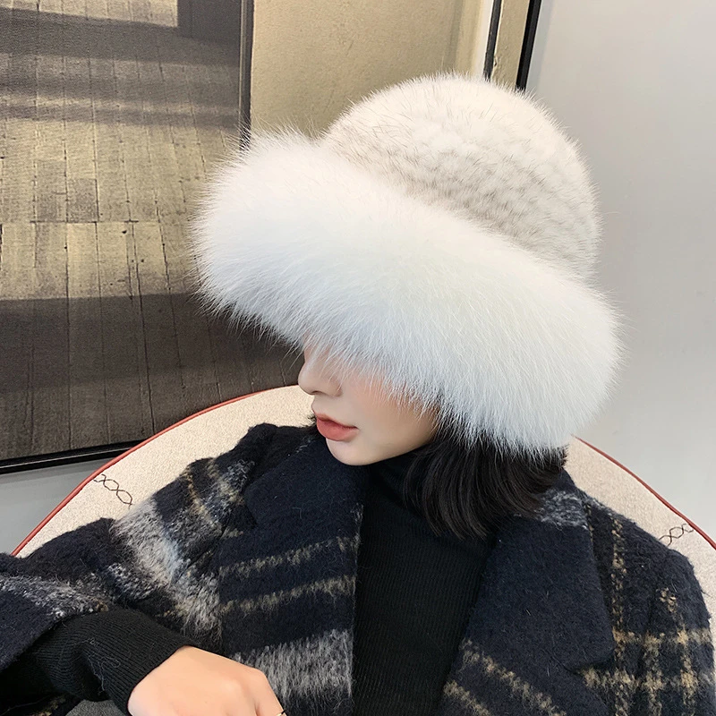 秋冬季韩版水貂毛编织配狐狸毛太阳盆帽保暖时尚百搭加厚女士帽子