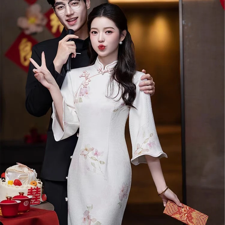 新中式倒大袖旗袍敬酒服套装秋冬季长袖订婚礼服裙粉色