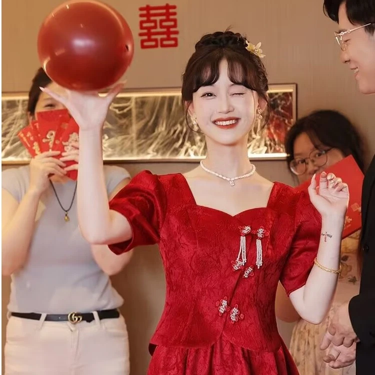 新中式夏季红色订婚敬酒回门服高级感两件套连衣裙显瘦日常可穿