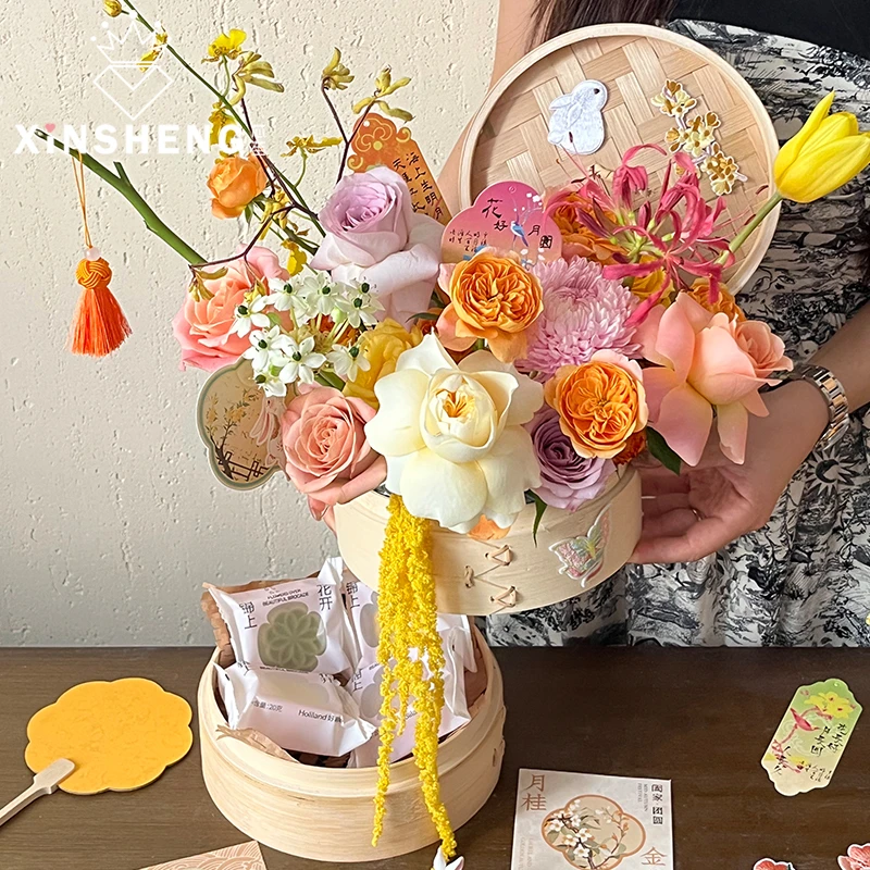 芯苼 念明月中式花篮花束插花礼品盒节日手工花艺diy礼物包装材料