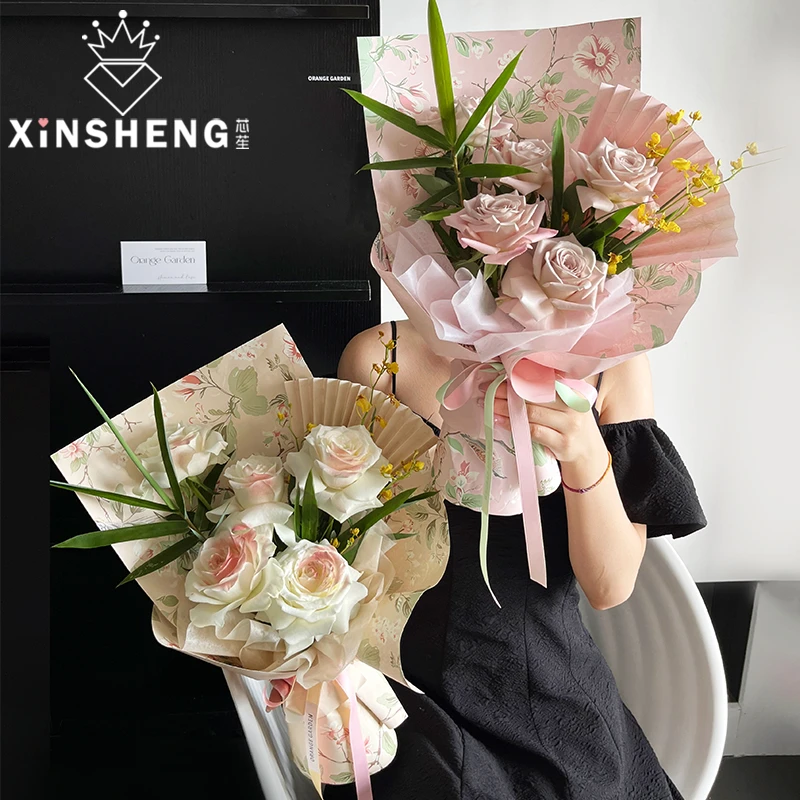 芯苼 新品 新中式复古印花包花纸鲜花花束手工花艺礼品包装纸材料