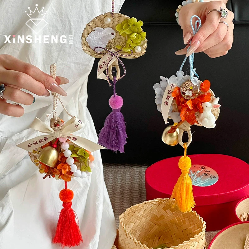 芯苼 竹编扇子车挂配饰 鲜花束搭配挂件饰品节日手工花艺包装材料