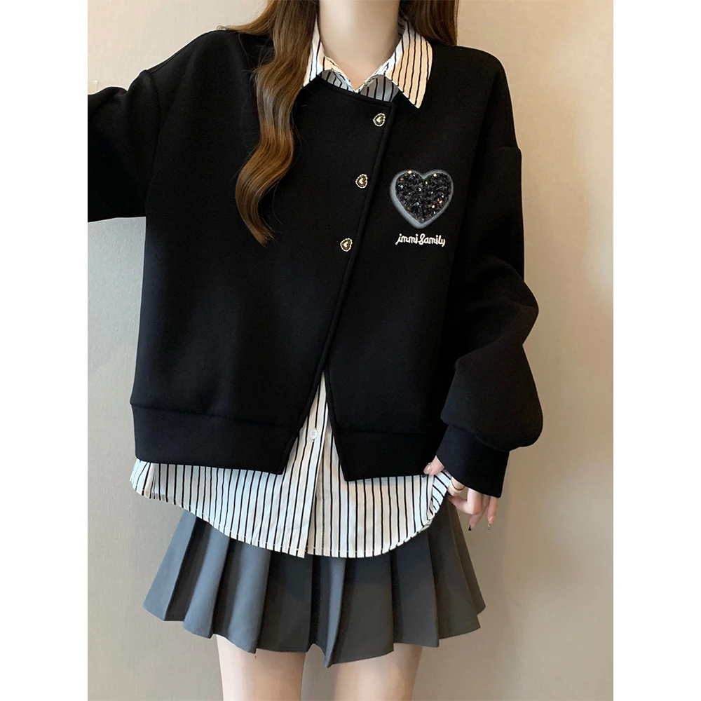 大码遮肚子拼接条纹假两件长袖卫衣女秋冬胖妹妹宽松显瘦正肩上衣