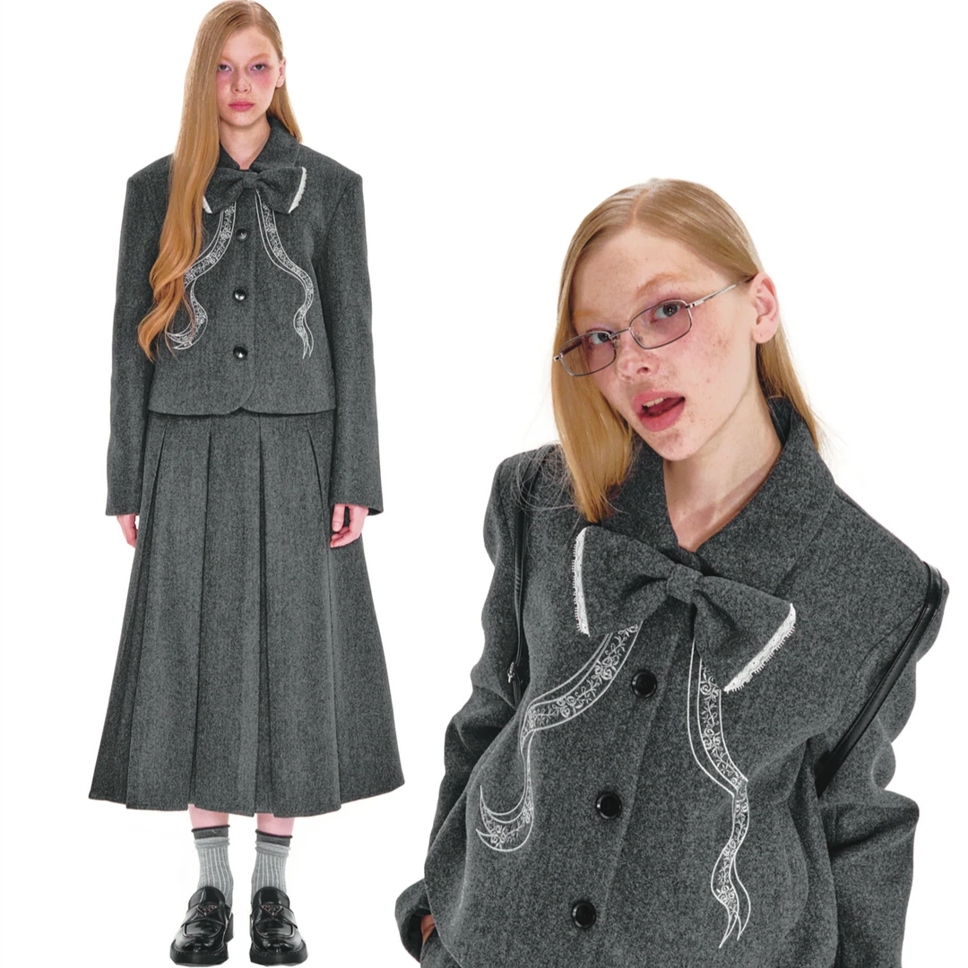 Caressfreedom【直播专属】可拆卸蝴蝶结刺绣学院风毛呢夹克套装