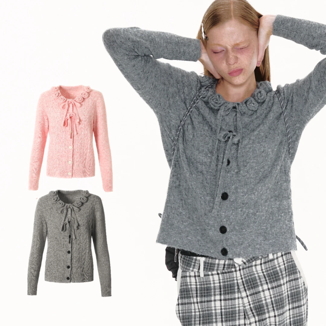 Caressfreedom【直播专属】手工玫瑰钩花圆领羊毛针织开衫秋冬外套