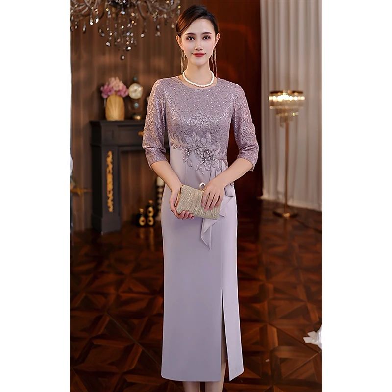 礼服平时可穿蕾丝亮片气质轻奢时尚设计师优雅妈妈生日婚礼连衣裙