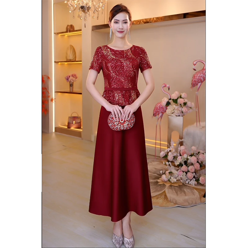 酒红色连衣裙新款假两件遮肚显瘦高端气质优雅婚礼妈妈结婚礼服裙