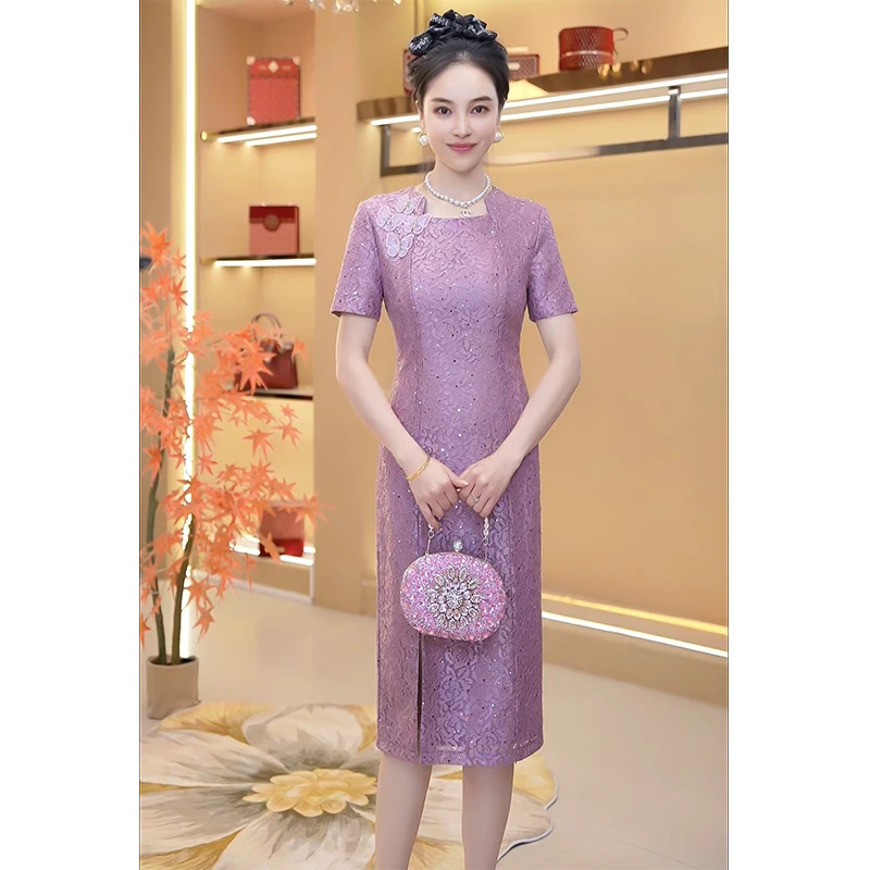 礼服蕾丝亮片平时可穿中长款高端优雅气质妈妈生日宴会修身连衣裙