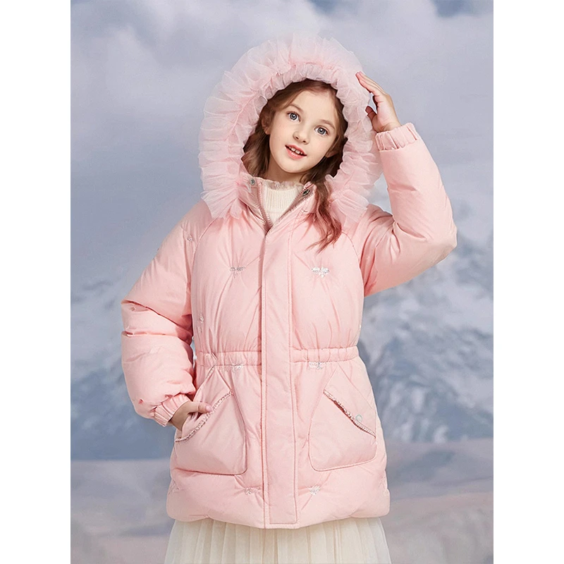笛莎童装女童羽绒服冬季新款甜美网纱连帽中长款羽绒服-932456509