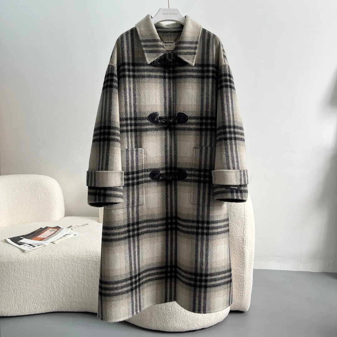 城南旧事格子款牛角扣人工手缝羊毛大衣外套复古潮流中长款