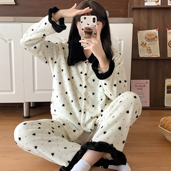 2024新款睡衣女秋冬季加厚珊瑚毛绒桃心开衫甜美法兰绒套装可外穿