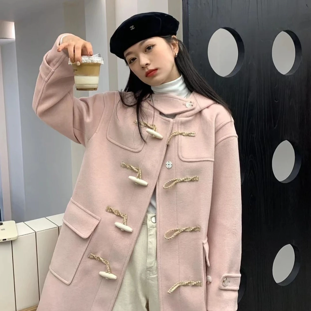 【现货】百搭赫本风毛呢外套女冬季设计感小个子牛角扣呢子大衣潮