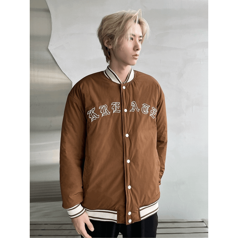 KREATE21AW 秋冬间色复古logo贴布绣棒球服夹克夹棉排扣外套情侣