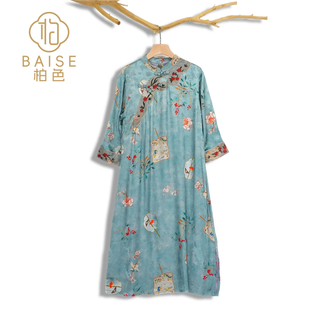 中式连衣裙复古斜襟绣花秋季女装宽松连衣裙1077