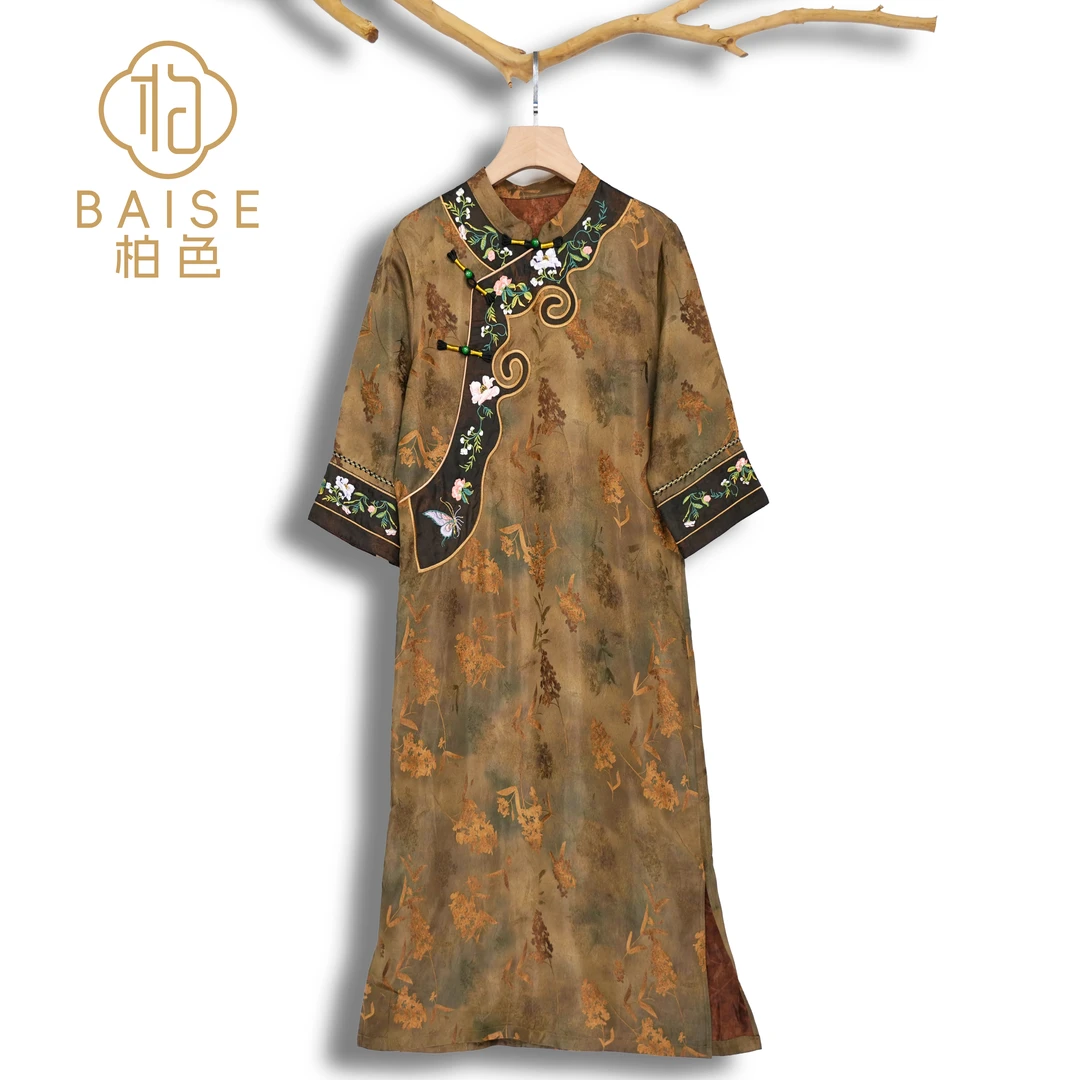中式连衣裙复古斜襟盘扣绣花气质女装夏季宽松连衣裙1675