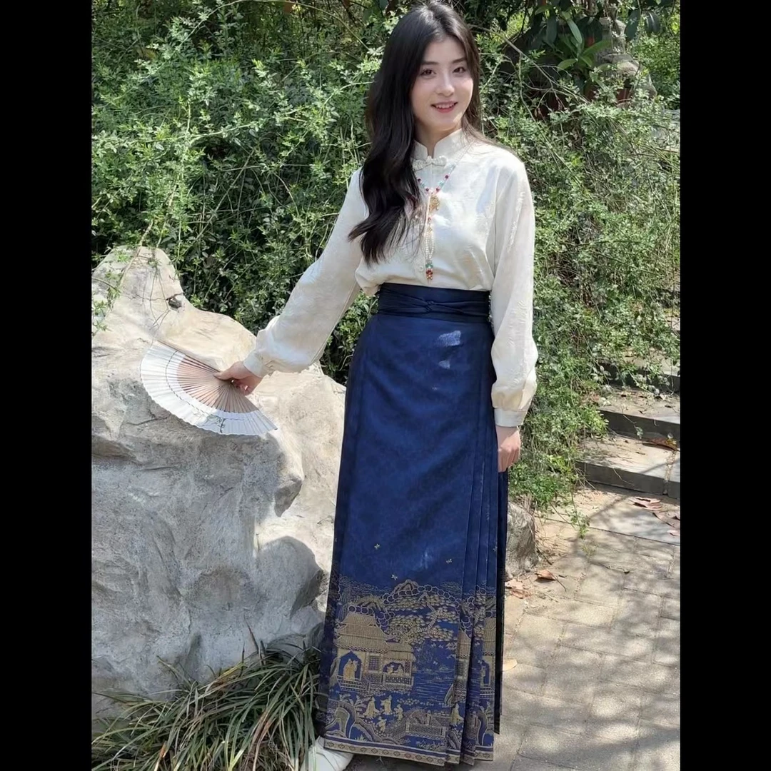 褚颖【梦回长安】新款藏蓝织金马面裙国风显瘦气质女日常通勤网红