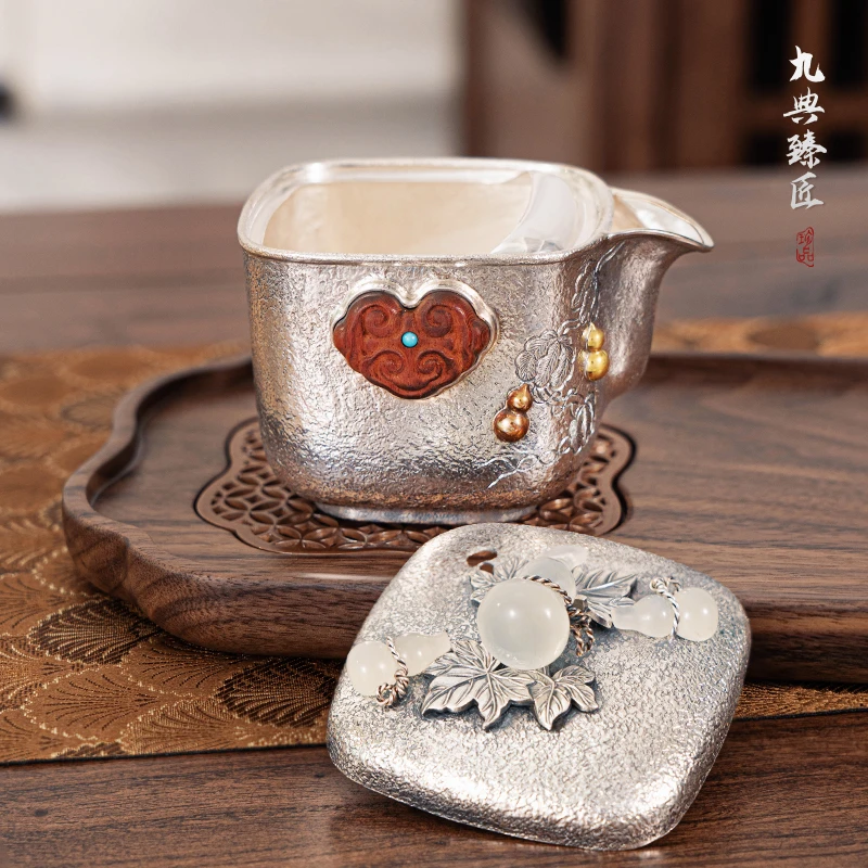 九典 足银手抓壶纯手工葫芦泡茶壶高端手抓盖碗茶具旅行茶便携具