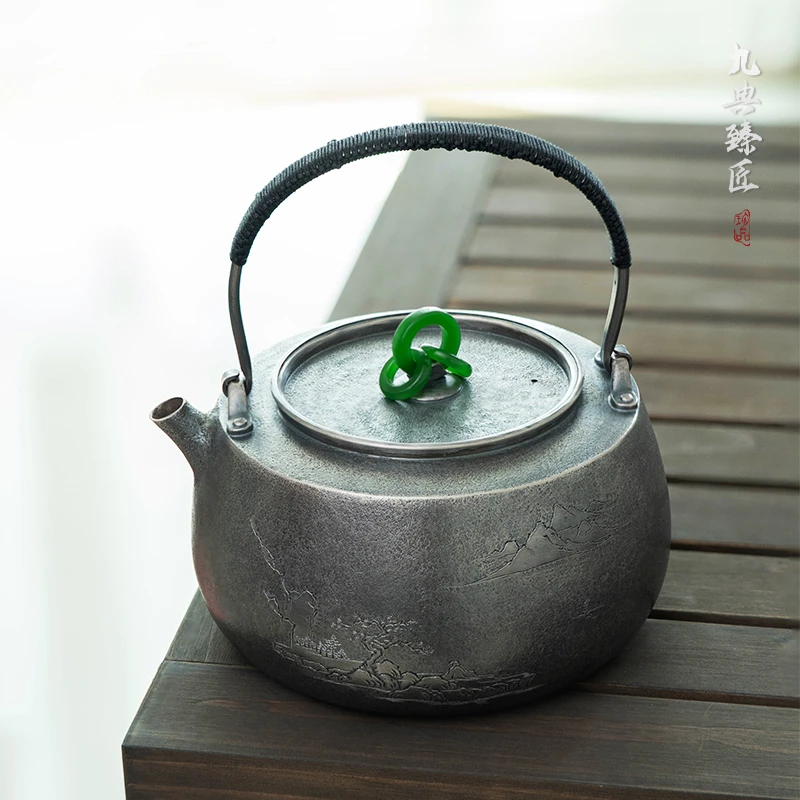 段竹轩手作云林山水银壶足银999纯手工煮水壶高端茶具家用烧水壶