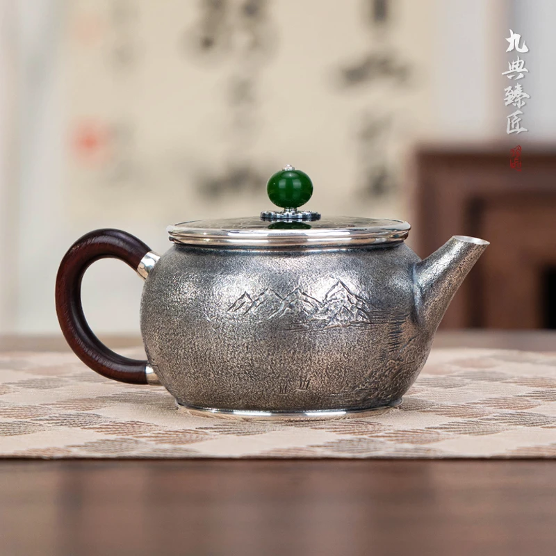 足银999纯手工一张打汉瓦泡茶壶乌铜走银壶盖复古功夫茶小银壶