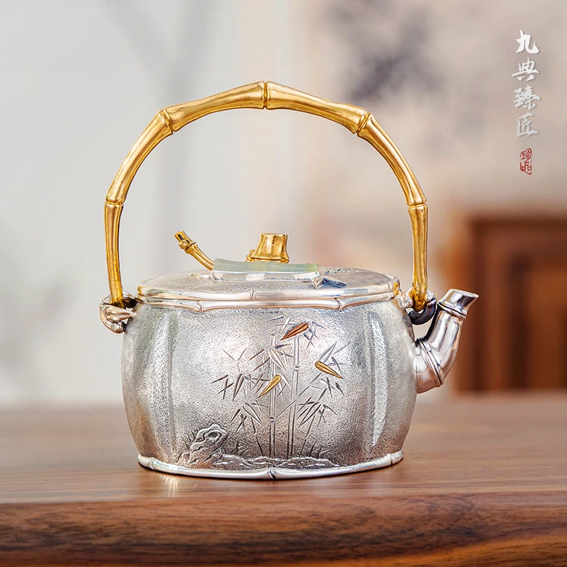 九典臻匠足银999纯手工錾刻竹子小提梁泡茶壶煮茶日式银壶功夫茶
