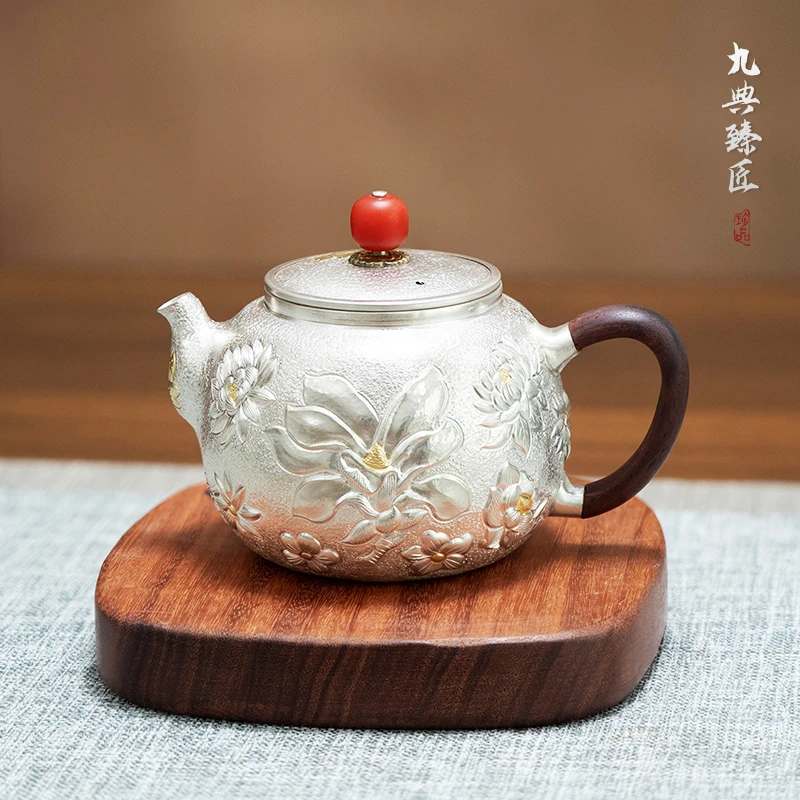 九典 足银999纯手工一张打百花齐放雪花纹泡茶壶家用精致茶具银壶