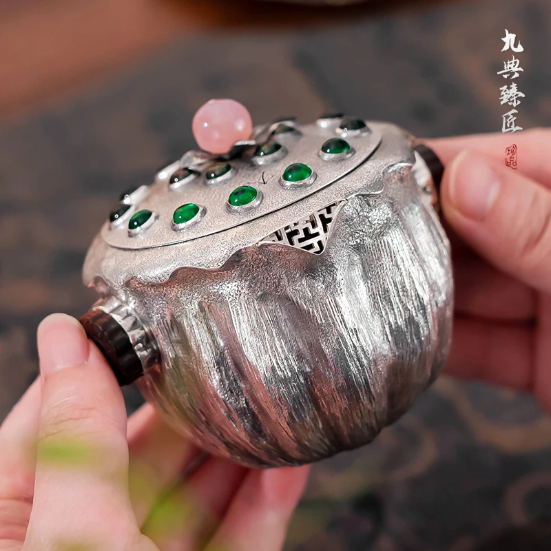 九典 足银999泡茶壶复古莲蓬仿生手抓壶便携盖碗功夫茶具手工银壶